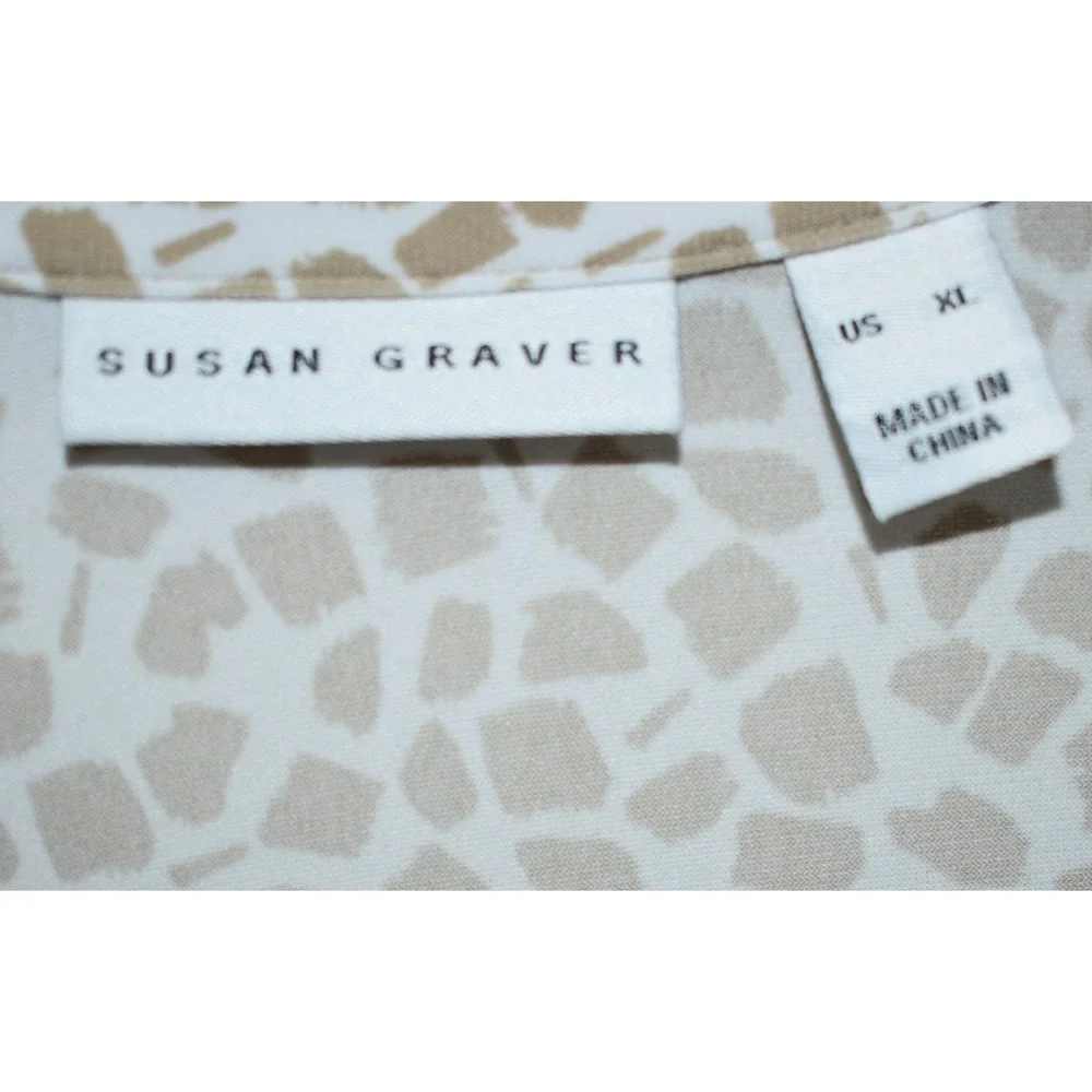 Susan Graver XL Stretch Blouse Button Front Mosaic Print 3/4 Sleeve Tan White - Picture 5 of 16